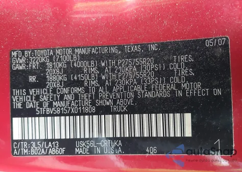 2007 Toyota Tundra Limited 5.7L V8 z USA, uszkodzony, nr VIN 5TFBV58157X011808